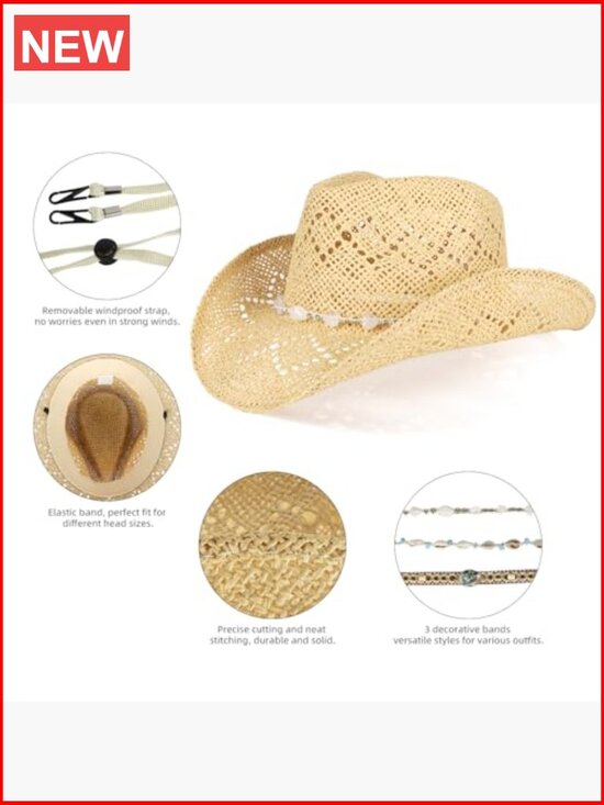 Straw Cowboy Western Hat with Decorative Bands, One Size Fit main image 7